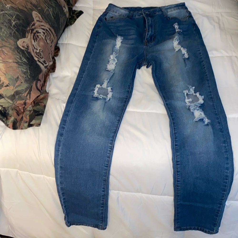 Blue ripped high waist stretch jeans